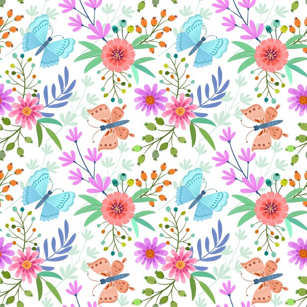 Flores y mariposas de patrones sin fisuras.