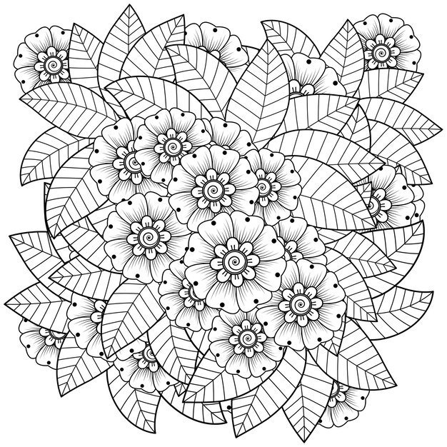 Flores mehndi en estilo étnico. Esquema de página para colorear dibujada a mano.