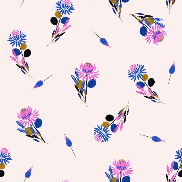 Flores de moda Protea sin patrón flores y plantas. Elementos decorativos de diseño. Diseño de repetición aleatoria para tela de moda, papel tapiz y todas las impresiones