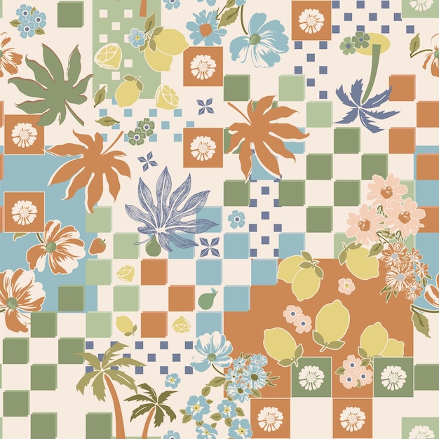 Flores con motivos tropicales y hojas en patrones sin fisuras de fondo de tablero de ajedrez