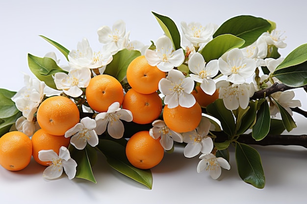 Flores de naranjo sobre una fruta de naranja aislada sobre fondo blanco