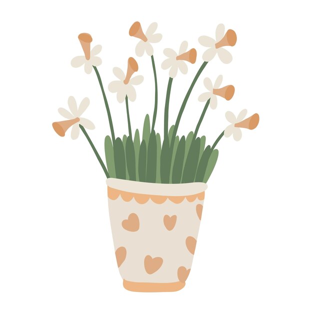 Flores de narciso en una olla decorada con corazones para el diseño de primavera y Pascua