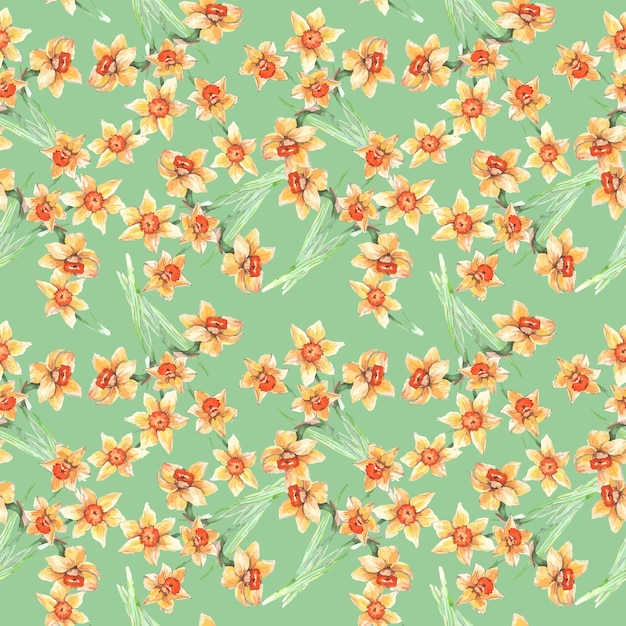 Flores de narciso de patrones sin fisuras sobre un papel artesanal textil de fondo verde
