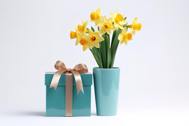 Flores de narcisos o narcisos en vaso corazón de mimbre y caja de regalos para saludar el día de la madre