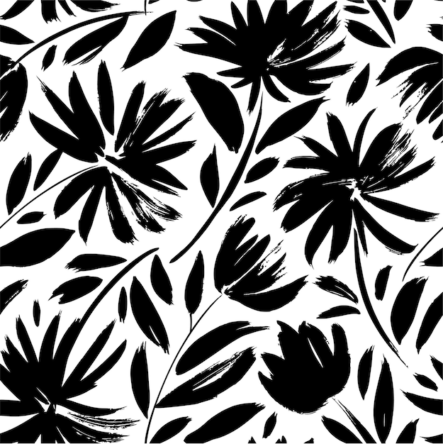 flores negras y blancas con hojas negras sobre un fondo blanco