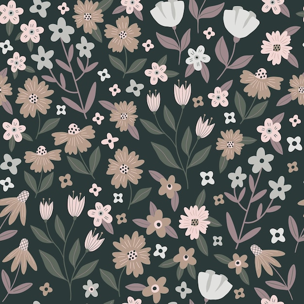 Flores neutras beige dibujadas a mano con un patrón vectorial sin costuras sobre un fondo oscuro Flor decorativa