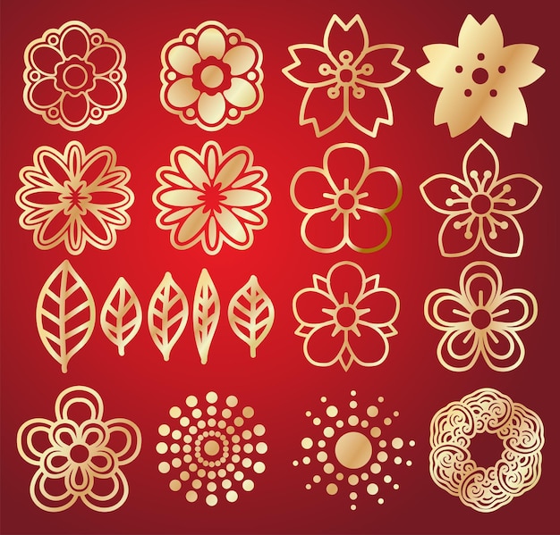 Flores oro escenografía mano dibujo fondo rojo