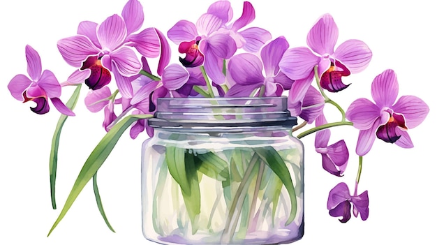 Flores de orquídeas de acuarela en un frasco de vidrio Hermosa pintura de flores de orquídeas en un frasco