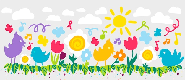 Flores y pájaros ilustración vectorial plana