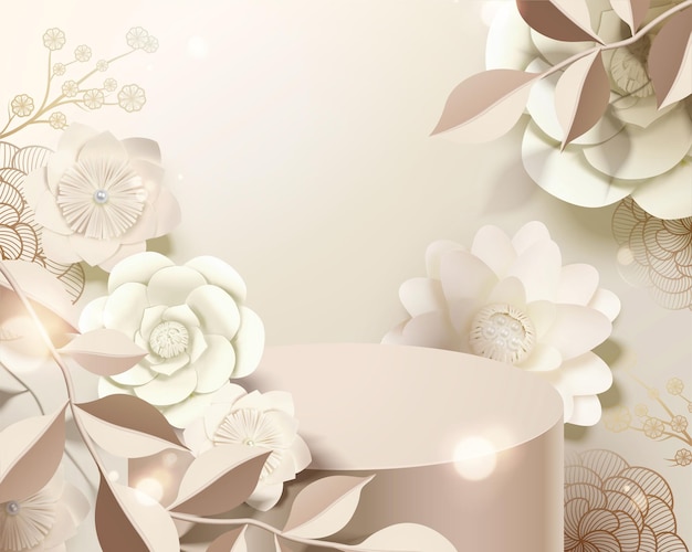 Flores de papel blanco y podio en 3d