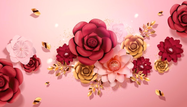 Flores de papel en color rojo, rosa y dorado en estilo 3d