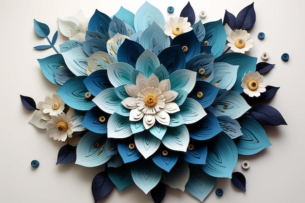 Las flores de papel se muestran sobre fondo blanco. La composición del ramo está decorada con flores azules polvorientas.