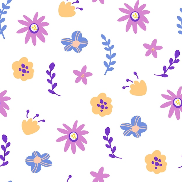 Flores de patrones sin fisuras. Fondo floral de primavera. Textura floreciente creativa. Ideal para tela, textil. Ilustración de dibujos animados de vector