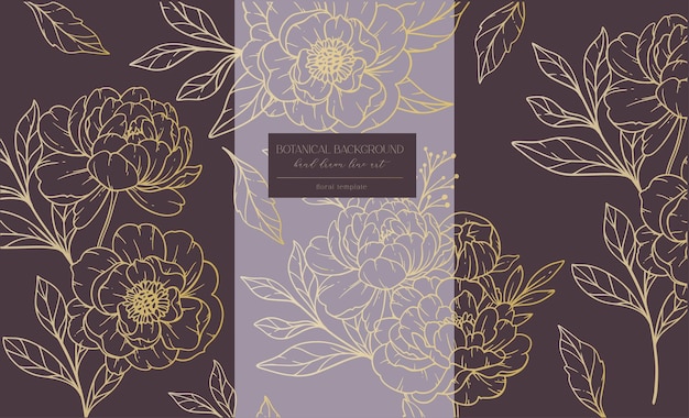 Flores de peonía Line Art Line Art Peonías Oro Fondo botánico con peonías minimalistas de moda