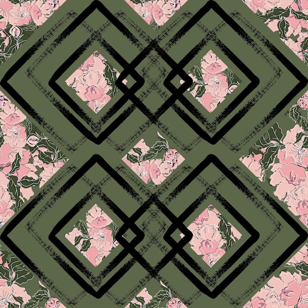 Flores en pintura en mal estado envejecido grunge ornamento geométrico vector de patrones sin fisuras