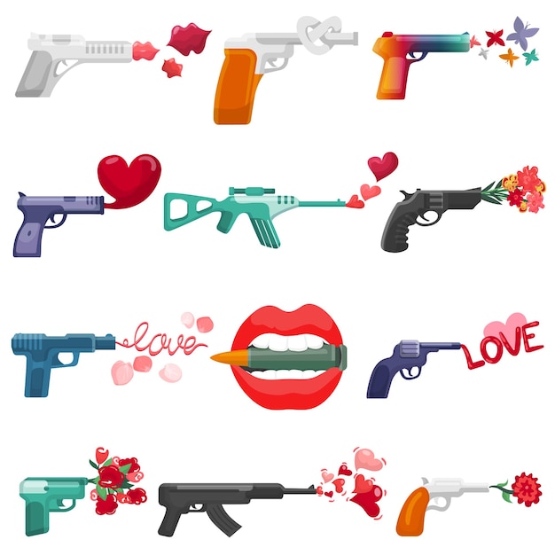 Flores de pistola y símbolos de amor ilustraciones vectoriales. arma de dibujos animados que produce amorosa palabra disparo, corazones rojos, hermosas flores, balas de mariposa. haz el amor, no la guerra, el concepto de paz. conjunto de iconos aislados