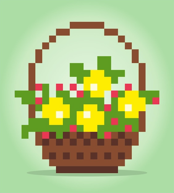 Flores de píxeles de 8 bits en la cesta Flores de ramo para patrones de punto de cruz en ilustraciones vectoriales