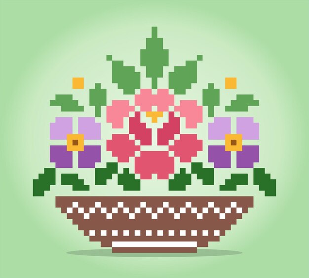 Flores de píxeles de 8 bits en la cesta Flores de ramo para patrones de punto de cruz en ilustraciones vectoriales