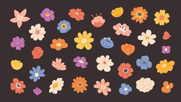 Flores planas dibujadas a mano Elementos botánicos en colores pastel Flores silvestres vectoriales