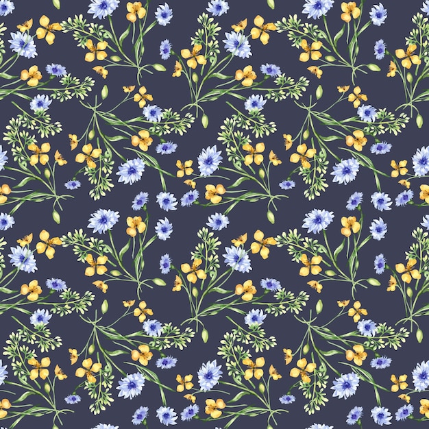 Flores de prado azul amarillo en acuarela patrón sin costuras aislado en oscuro Celandine y cornflower en boceto planta medicinal útil impresión floral dibujada a mano Diseño para paquete textil para el hogar