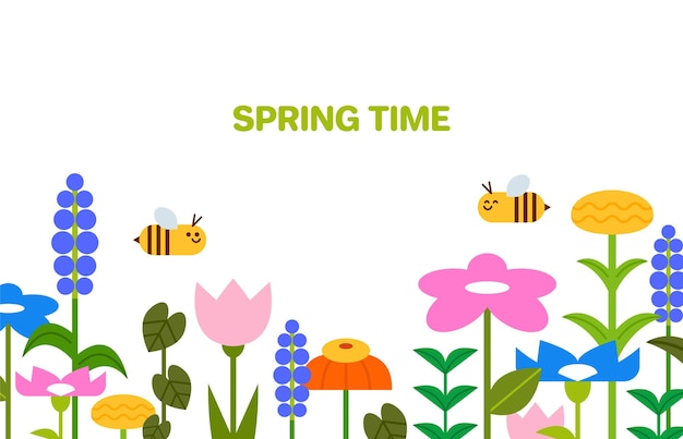 Flores de primavera y abejas fondo de ilustración plantilla vectorial de estilo dibujos animados plana