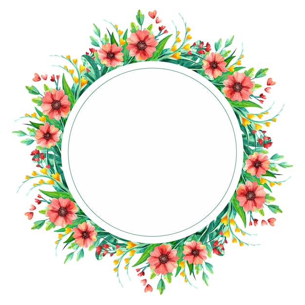 Flores de primavera acuarela marco cuadrado decorativo. Follaje brillante con flores rojas y amarillas.