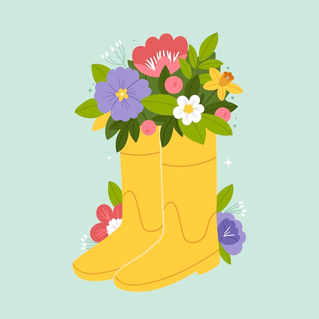 Flores de primavera en botas de goma amarillas postal de composición primavera pastel