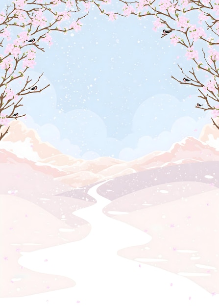 Las flores de primavera y el camino nevado