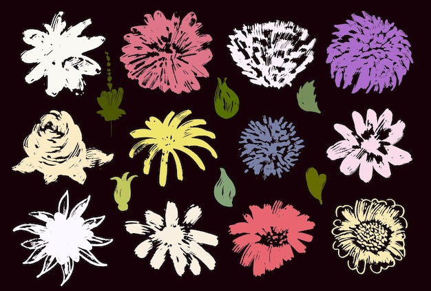 Flores de primavera conjunto vectorial dibujado a mano Anémonas peonías crisantemos flores de pincel de colores