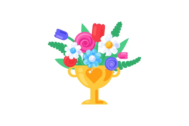 Flores de primavera en una copa dorada en un estilo de dibujos animados sólido