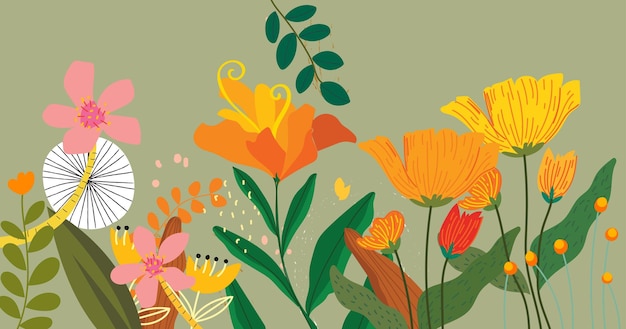 Flores de primavera dibujo floral a mano plantas silvestres ilustración vectorial borde de flores en estilo plano