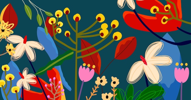 Flores de primavera dibujo floral a mano plantas silvestres ilustración vectorial borde de flores en estilo plano