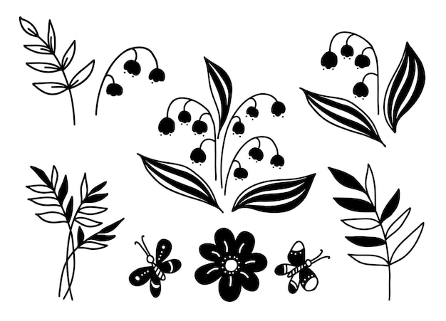 Flores de primavera doodle mayo lirio de los valles flores manzanilla ramas y mariposas