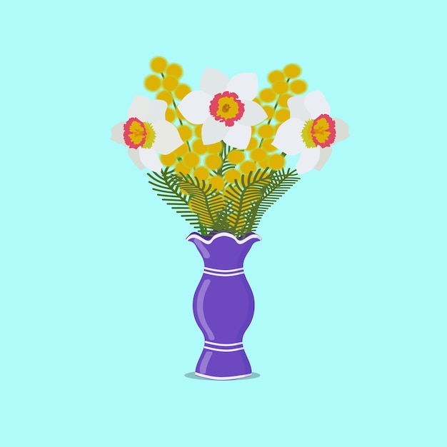 Flores de primavera en un jarrón narcisos con mimosa ilustración vectorial