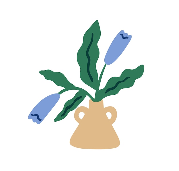 Flores de primavera en jarrón Plantas florales flores y hojas de verano Flores silvestres de flores frescas brotes suaves y delicados Decoración natural moderna Ilustración vectorial plana aislada sobre fondo blanco