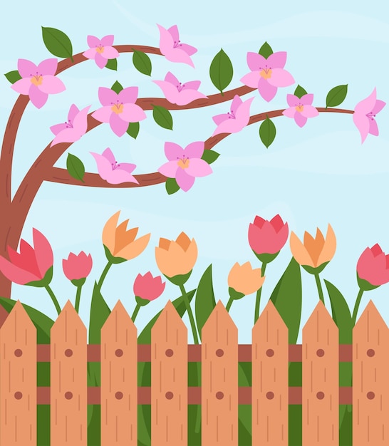 Flores de primavera y magnolia en un pequeño jardín con ilustración vectorial de valla