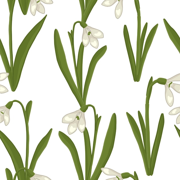 Flores de primavera patrón sin costuras ornamento de gotas de nieve diseño vectorial de dibujos animados