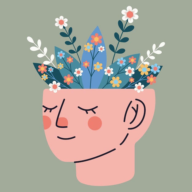 Flores que crecen en la cabeza humana Salud mental Paz mental y equilibrio Equilibrio emocional