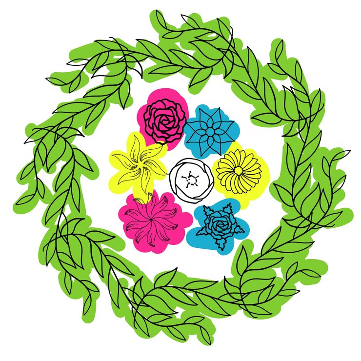 Vector flores de ramo de primavera de postal una línea con mancha de color dibujo a mano ilustración vectorial mínima