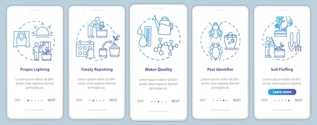 Las flores se refieren a la pantalla de la página de la aplicación móvil incorporada con conceptos. temperatura de agua. tutorial de cultivo de hierbas con instrucciones gráficas de cinco pasos. plantilla de vector de interfaz de usuario con ilustraciones en color rgb