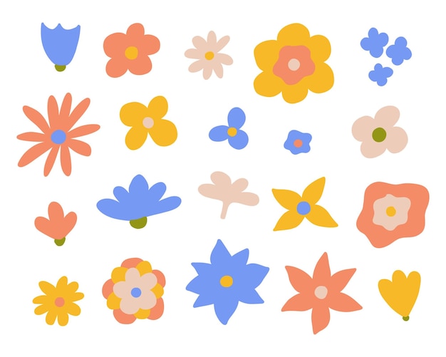 Flores retro en los años 70 Ilustración vectorial Conjunto de flores retro