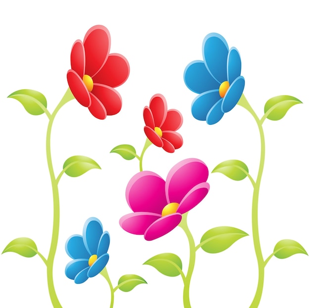 Flores rojas azules y magentas con hojas