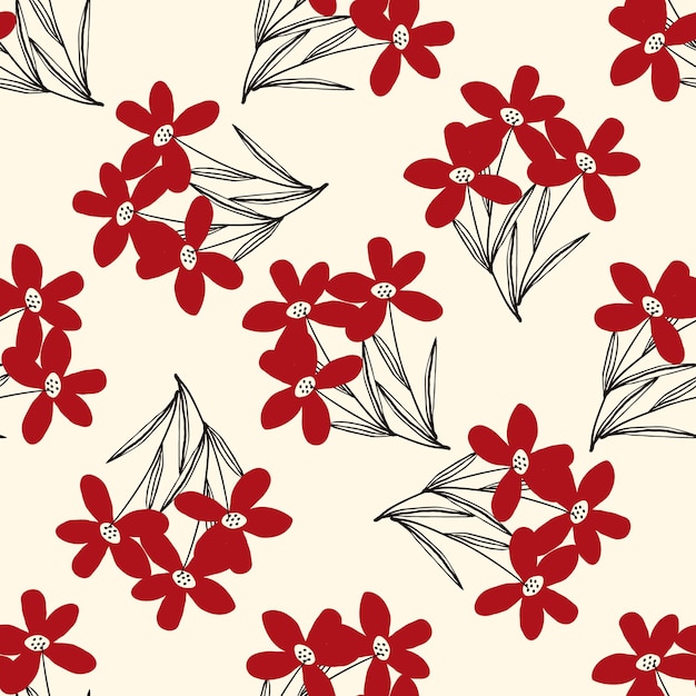 Flores rojas bonitas y extrañas con un patrón sin costuras en estilo doodle