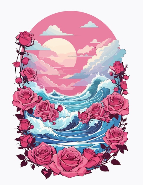 Flores de rosa y vector de marco de onda Ilustración
