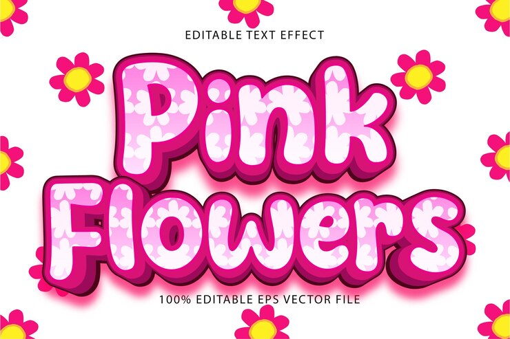 Vector flores rosadas efecto de texto editable relieve 3d estilo rosa