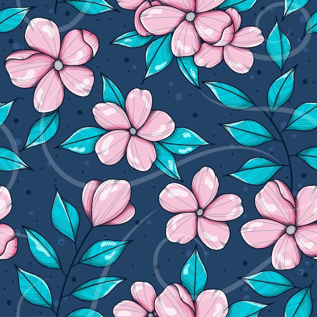 flores rosadas con hojas azules y verdes sobre un fondo azul oscuro