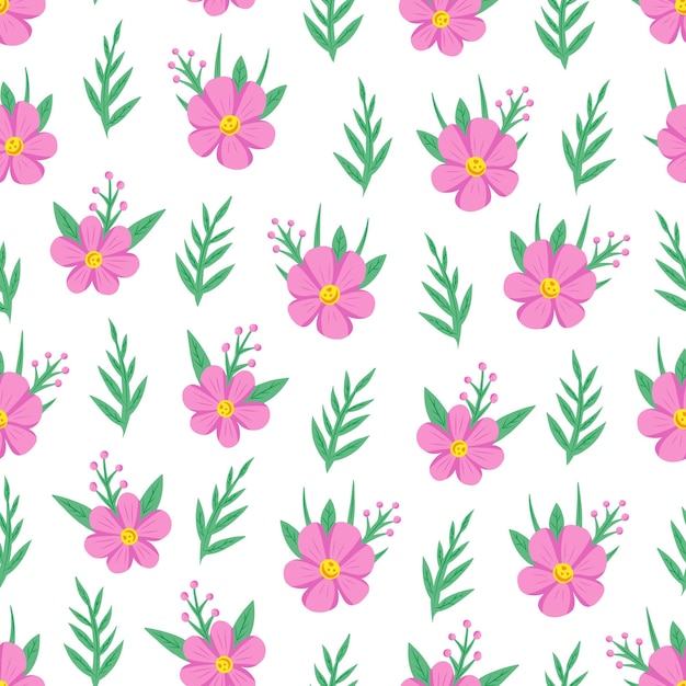 Flores rosadas con hojas de patrones sin fisuras florales Ilustración para imprimir fondos cubiertas embalaje tarjetas de felicitación carteles textiles diseño estacional Aislado sobre fondo blanco