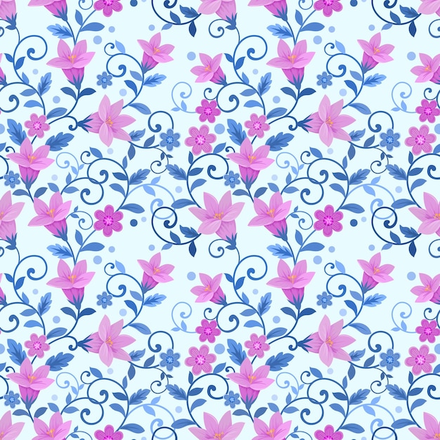 Flores rosadas con hojas verdes con patrón sin costuras para papel tapiz textil de tela