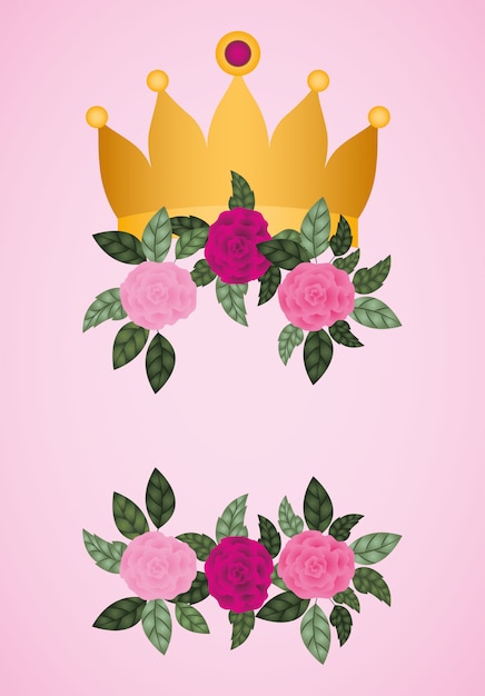 Vector flores rosas con decoración de corona reina.