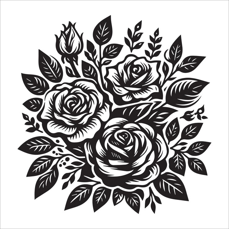 Flores de rosas y plantas silueta de ilustración vectorial 3